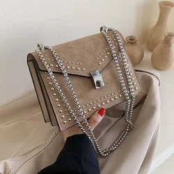 Scrub Leather Brand Designer Shoulder Simple Bags for Women 2024 Chain Rivet Luxury Crossbody Bag Female Fashion Small Handbags