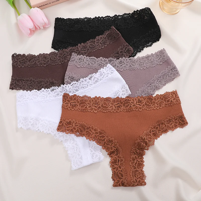 3PCS/Set Cotton Brazilian Underwear for Women Sexy Lace Ribbed Floral Thongs Intimate Female Breathable Solid T-back Bikini S-XL