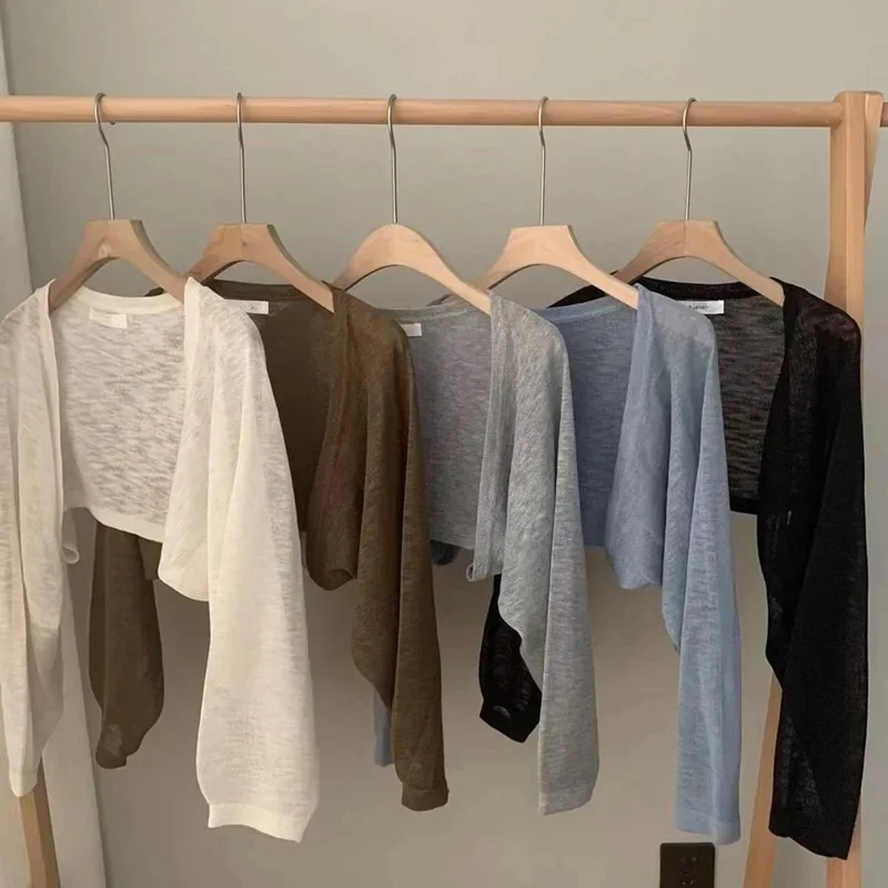 Cárdigan corto de punto de seda de hielo con protección solar para mujer, falda fina con tirantes, chaqueta de gasa en capas, cubierta con aire acondicionado