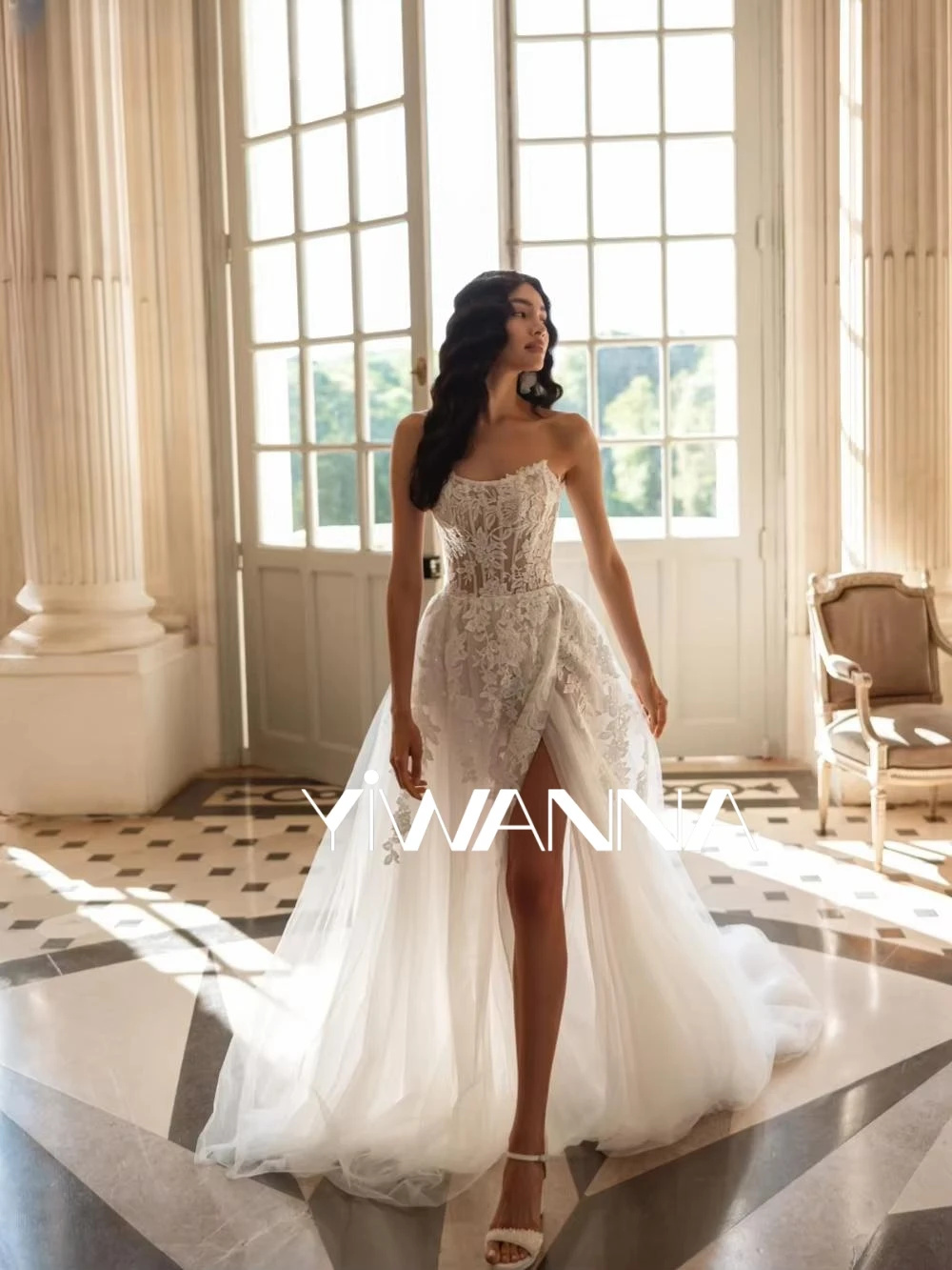 

Geaceful Lace Appliques A-line Long Wedding Dress Strapless High Slit Bridal Gown 2026 Customized Backless Dresses For Bride
