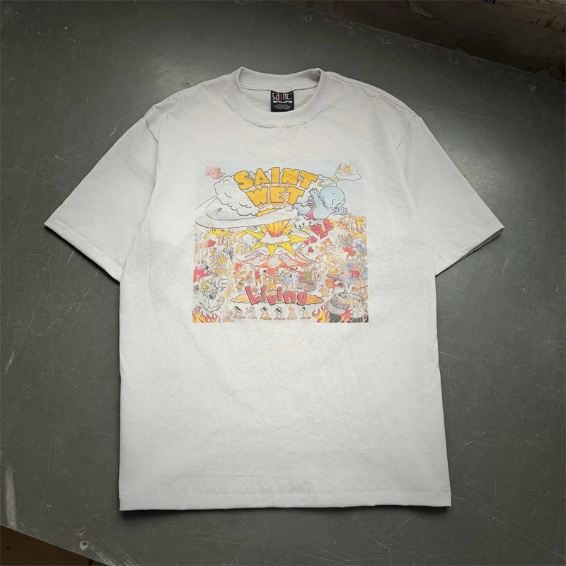 Summer Saint Graffiti Print Vintage Washed T-shirt Oversize Street Casual Loose High Street Cotton Short Sleeved Comfortable Men