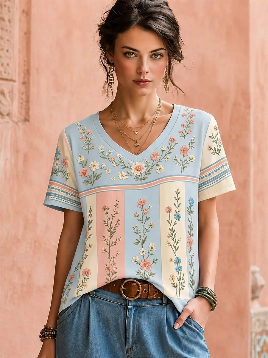 Women V Neck Short Sleeve T-shirt Pastel Vertical Stripe Wild Floral Print Vintage Cottagecore Casual Summer Graphic Top
