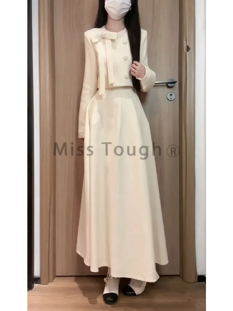 Autumn Winter Elegant Party Chic Two Pieces Set Women French Bow Button Tops + Pleat Long Skirt Female Pretty Design Suits New