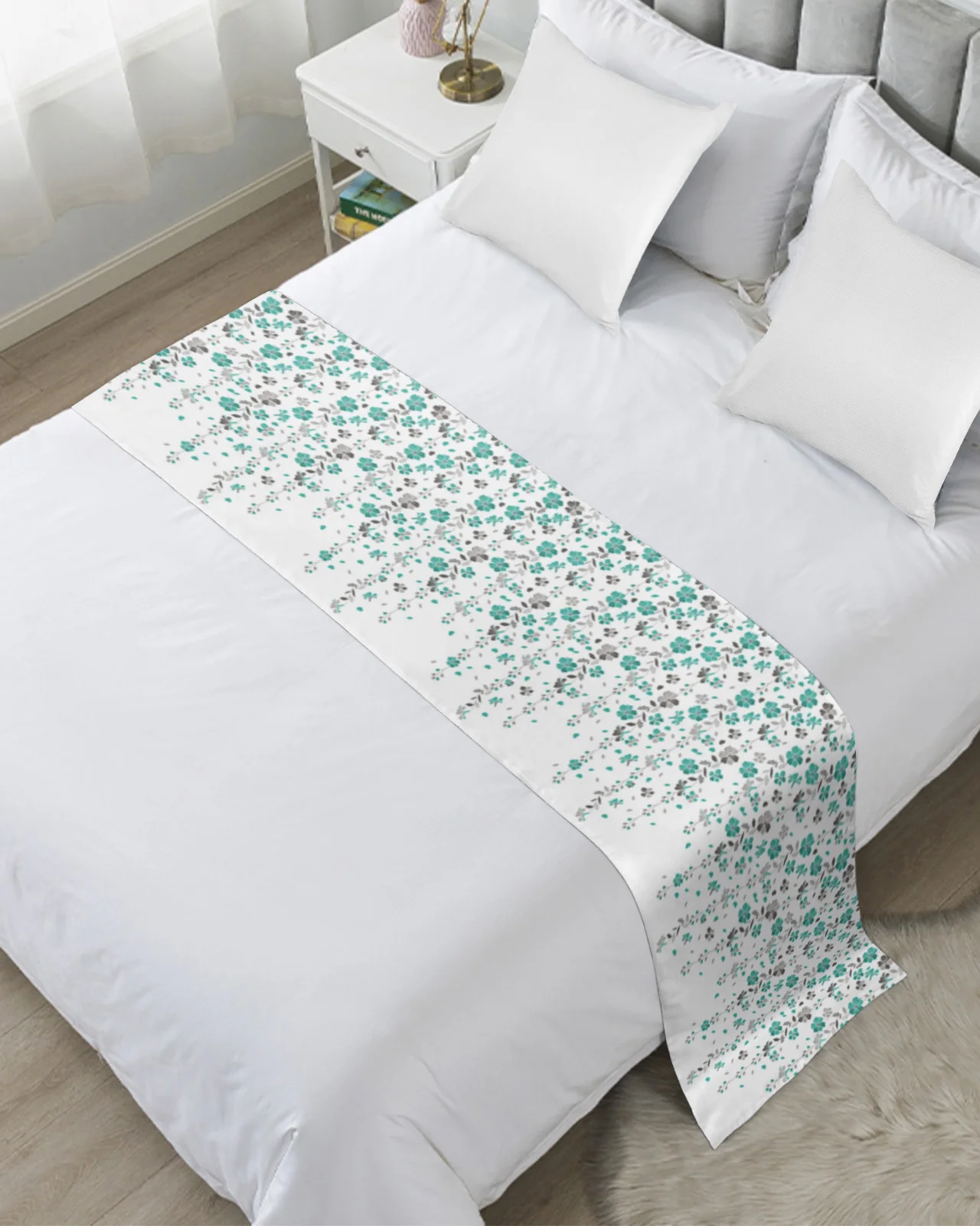 Teal Grey Floral White Bed Runner Home Hotel Decoration Bed Flag Wedding Bedroom Bed Tail Towel