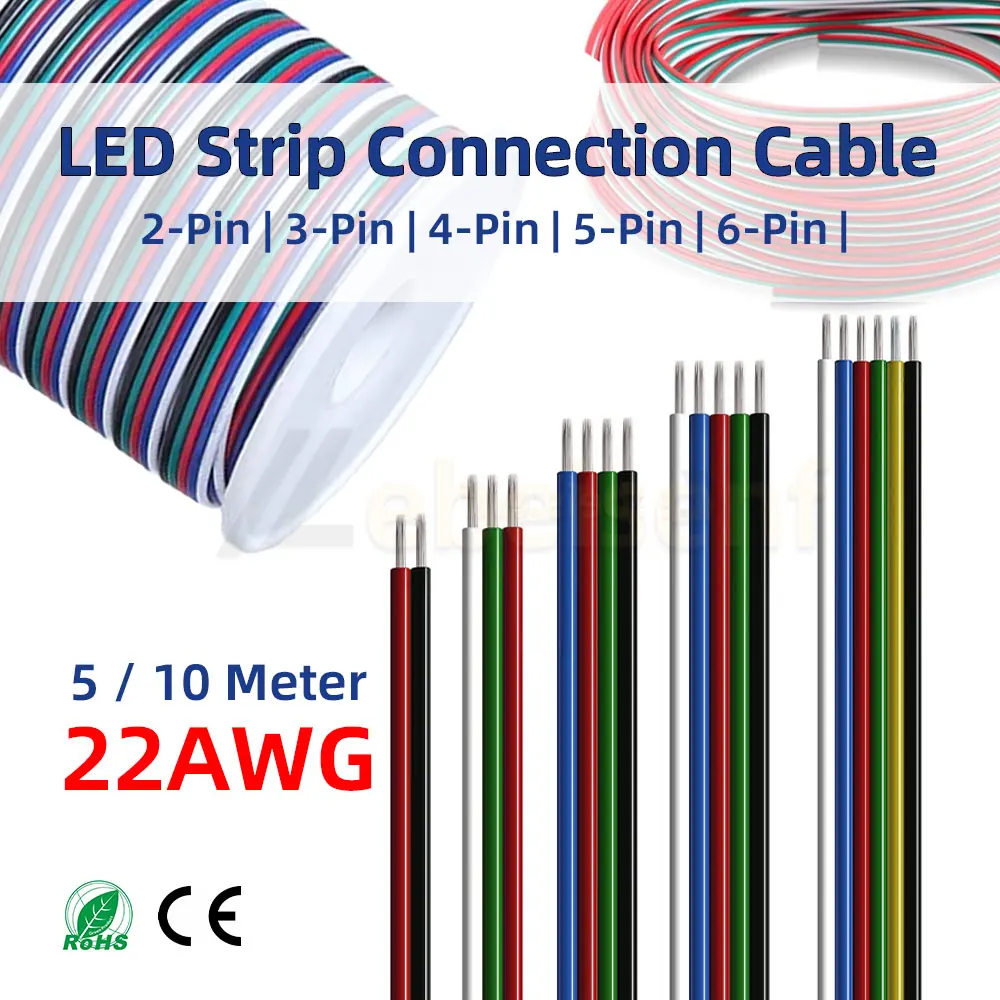 5/10Meter 22 AWG 2Pin 3Pin 4Pin 5Pin 6Pin Electronic Cable Extension Wire Color Line for 5050 3528 RGBW RGB CCT LED Strip Lights