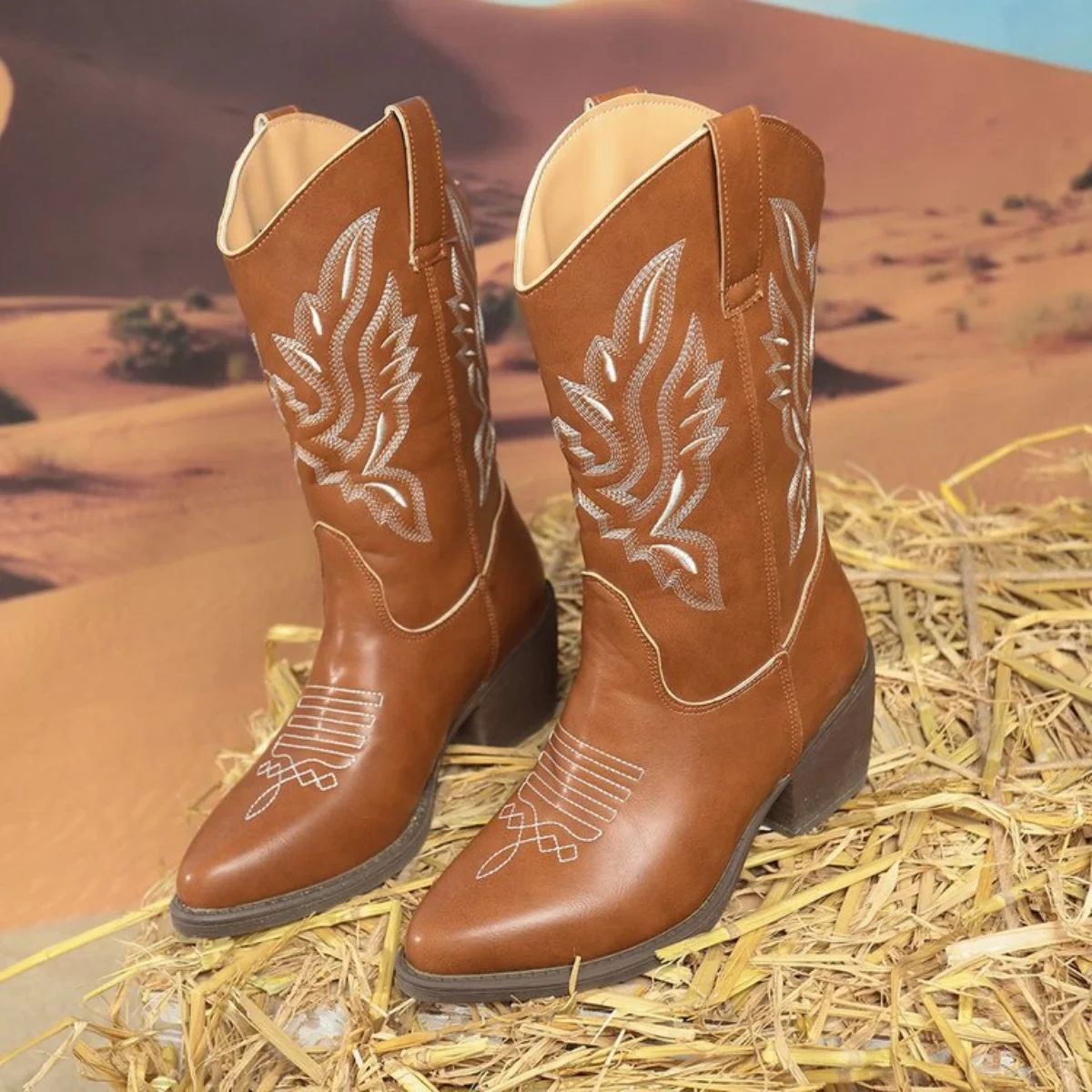 

Block Heel Single Boots Fashion Pointed Toe Sleeve Embroidered Non-Slip Wear-Resistant Mid-Cylinder High