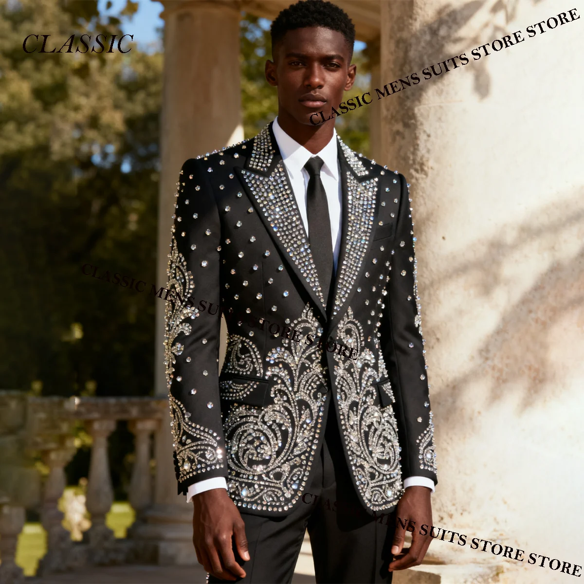 

Customized Luxury Elegant Design Men Suits Groom Male Blazer 2Piece Crystal Diamond Wedding Party Slim Fit Customized Tuxedos Ro