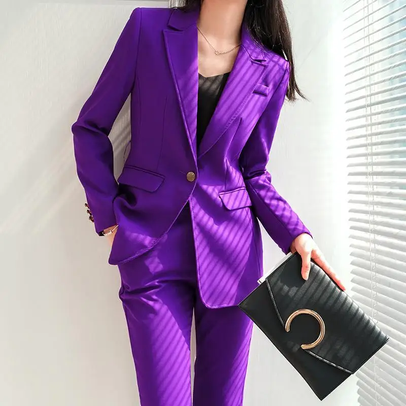 Terno roxo casaco de 2 peças moda escritório temperamento feminino primavera e outono coreano casual terno de negócios cor sólida