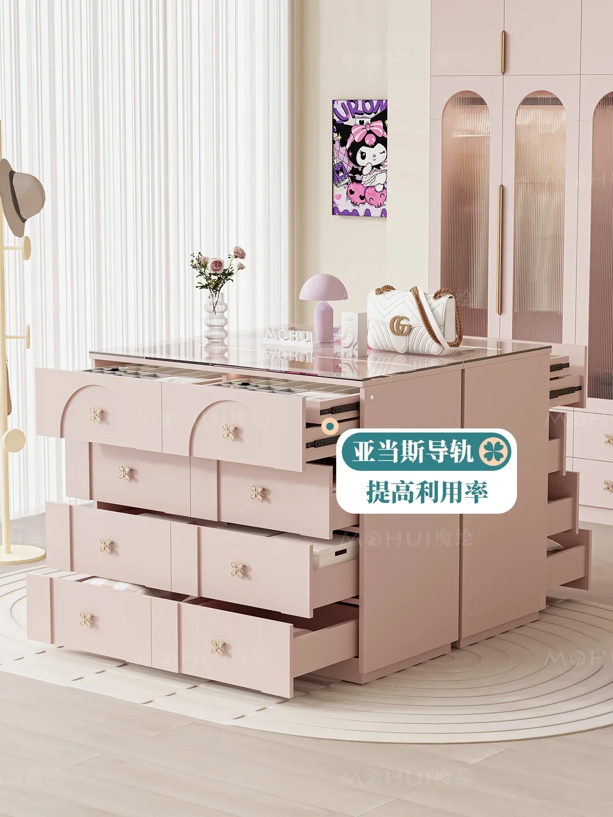 Cloakroom  Jewelry Integrated Eight-bucket Storage Cabinet French Bedroom Pink Dressing Premium