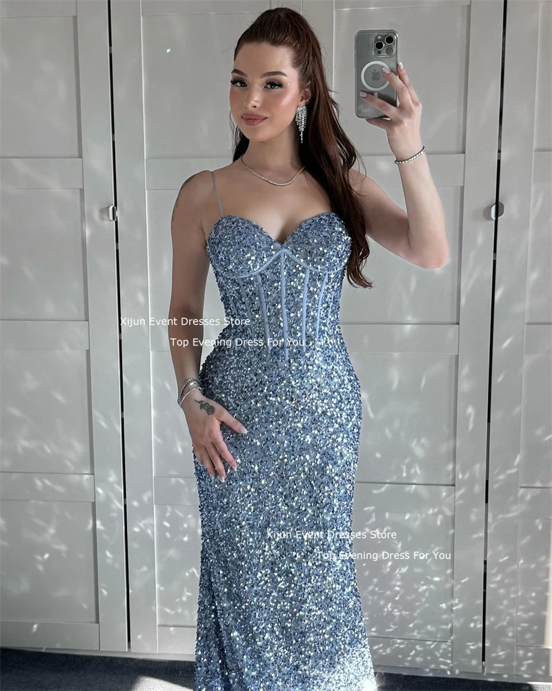 Xijun Glitter Mermaid Long Evening Dresses Blue Sequined Sweetheart Prom Dresses Sexy Spaghetti Strap Formal Party Gowns 2025