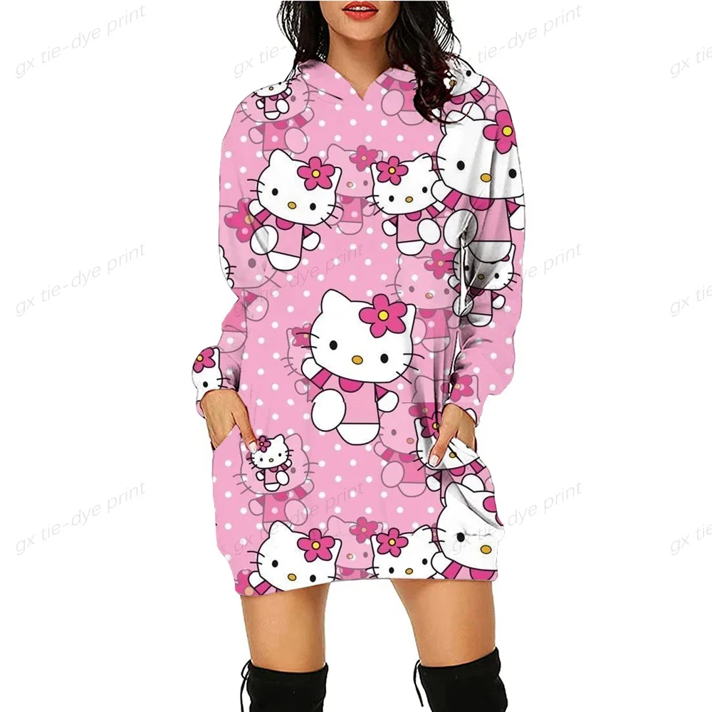 Japan Anime Hoodies Dresses Women Sweatshirts Hello Kitty Print Autumn Long Pocket Print Sweatshirts Tops Casual Ladies Pullover