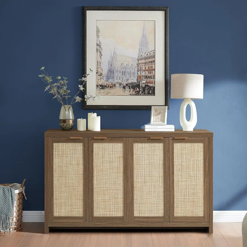 Hampstead Rattan 4-Door Storage Sideboard Cabinet with Adjustable Shelves, Boho Accent Buffet Cupboard Console