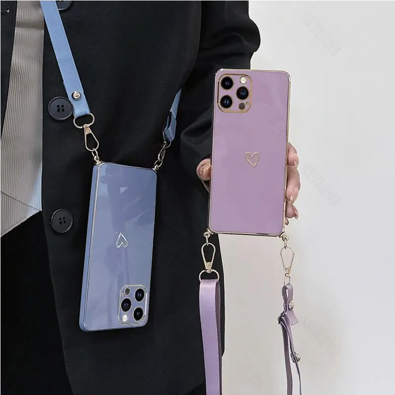 Funda con cordón cruzado de corazón de amor para iPhone 14 11 12 13 Pro Max 13 12 Mini 12pro 8 7 6 6S Plus 10 Xr Xs Max SE 2020