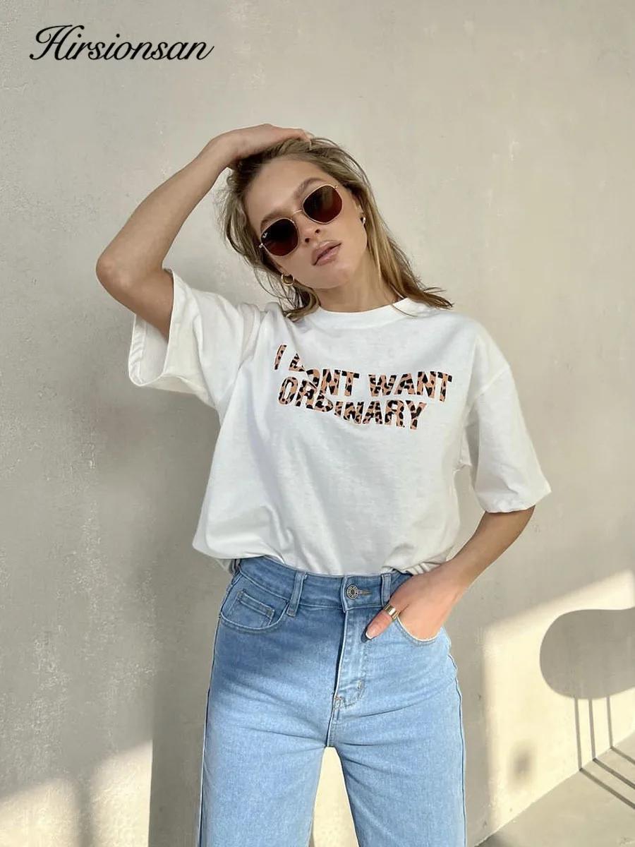 Hirsionsan 100% Cotton Letter Print T Shirt Women 2024 Summer New Basic Vintage Graphic Tees Casual Loose Female Couple Tops