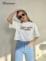 Hirsionsan 100% Cotton Letter Print T Shirt Women 2024 Summer New Basic Vintage Graphic Tees Casual Loose Female Couple Tops