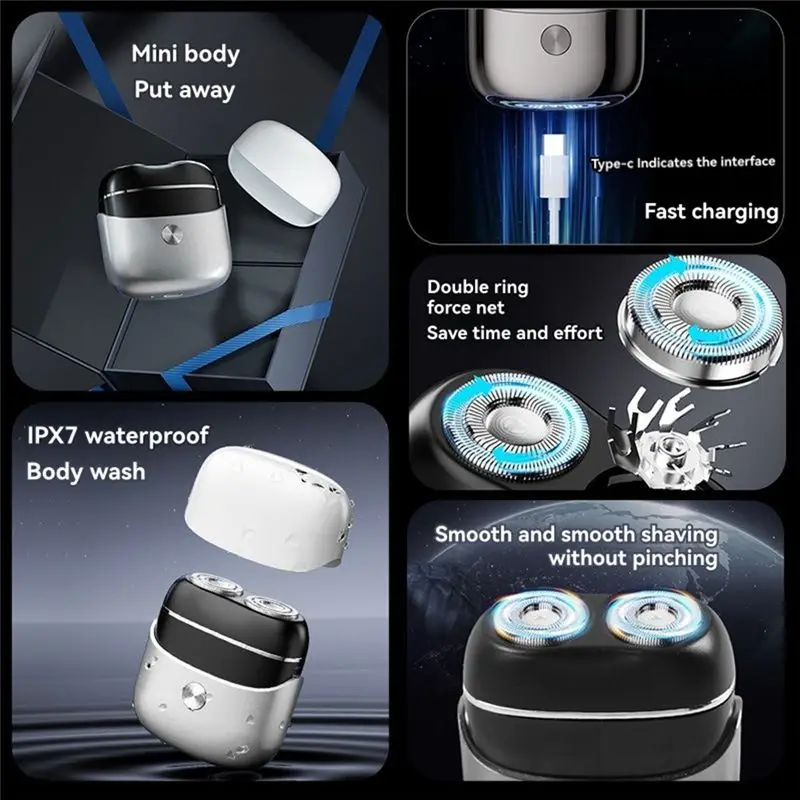 ماكينة حلاقة كهربائية صغيرة متعددة الوظائف، ماكينة حلاقة دوارة محمولة بحجم الجيب، ماكينة حلاقة اللحية مع رأس ماكينة حلاقة مغناطيسية للرجال