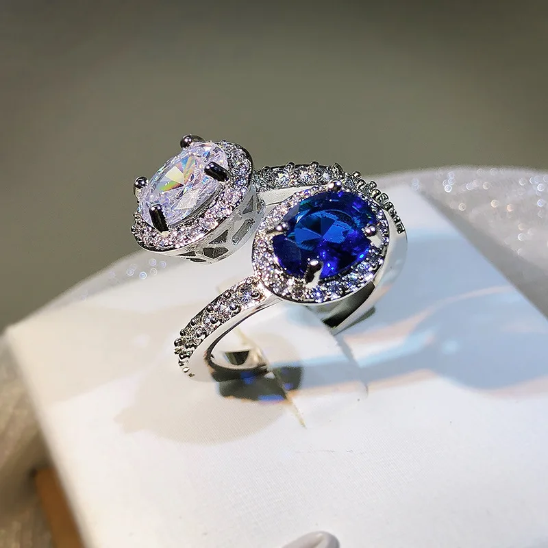 Oval Two-color stitching White sapphire rings for women drop ring luxury noble S925 sterling silver opening adjustable
