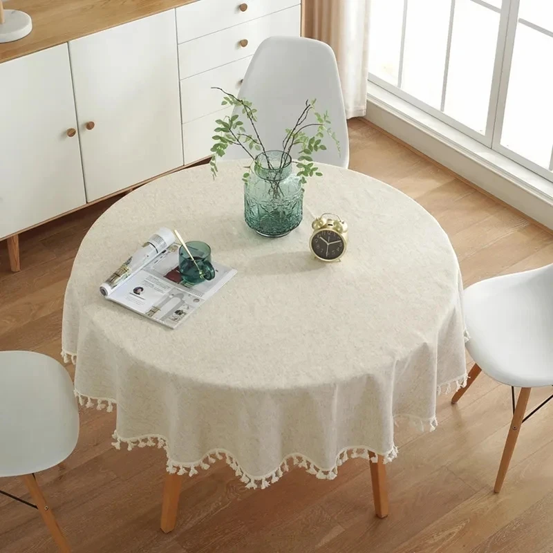 Small Fresh Style Plain Flax Tablecloth Round Living Room Decor Tablecloth With Tassels Ins Style Home Tablecloth Cover Towel