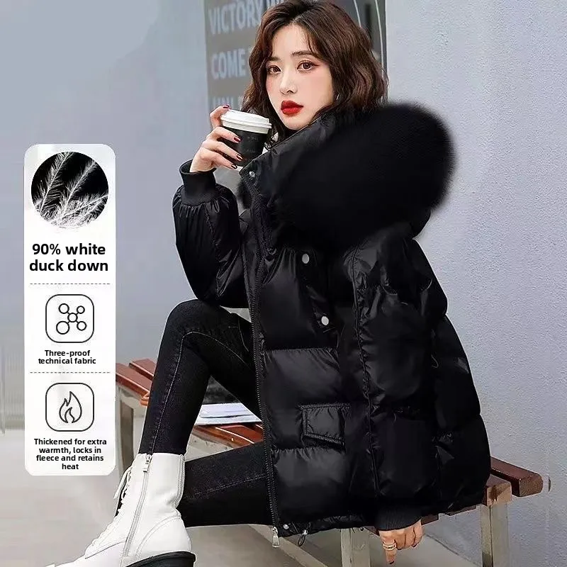 Neue Baumwoll-Steppjacke im modischen, lockeren, lässigen Stil mit Stehkragen und großem Pelzkragen für Damen