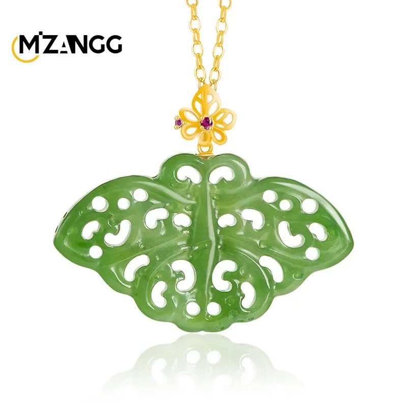 

Natural Hetian Jade Jasper Butterfly Pendant Ancient Hollowed Out 18K Gold with Spinach Green Jade Necklace Women's Jewelry