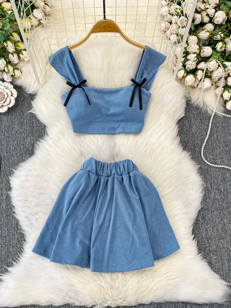 

Pure Desire Sexy ort Design Knot with Chest Pad Strap Top High Waist Slimming Anti-Light ort Skirt Two-Piece Set