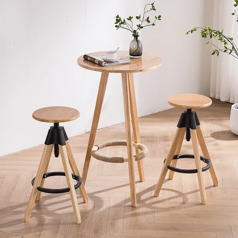 

Elegant Nordic Dining Chair Solid Wood Lift Bar Stool Rotating Counter Chair Milk Tea Shop Seating