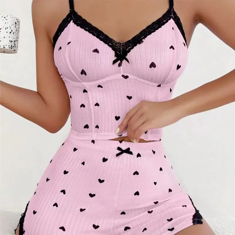 

Women's Pajama Suit Suspender Sexy Butterfly Knot Strap Top Shorts Two Piece Set Comfortable Home Wear Spring Summer Sleepwear