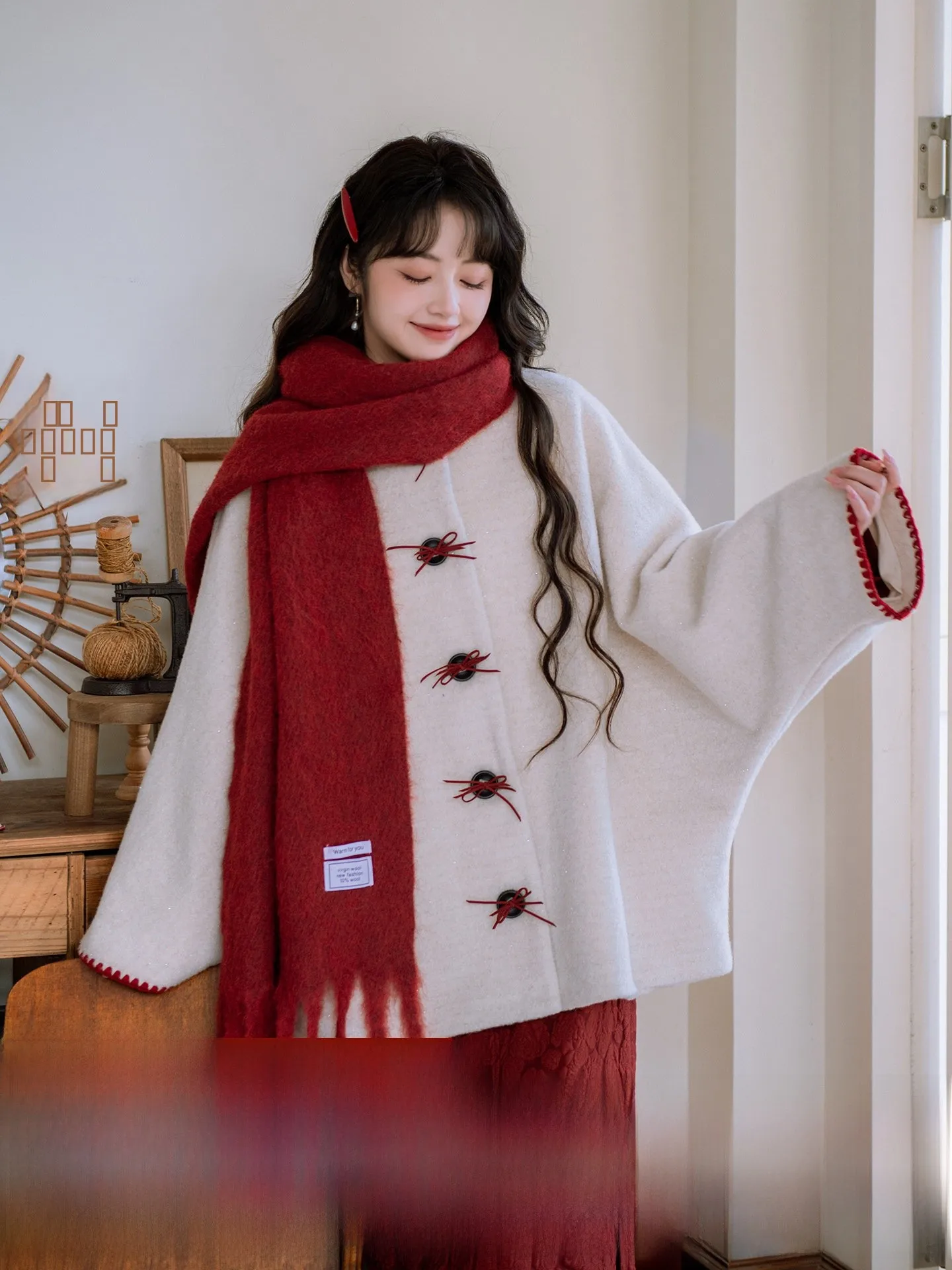 

Warm Fce Lined Woolen Coat for Women Rose Embroidery Sle Jaet Vintage Commute Loose Fit Long Sve Coat