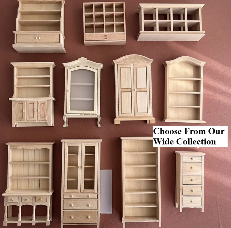 Fully Assembled 1/12 Dollhouse Furniture, Unpainted Primed Ready-Made Set (Not DIY Kit), Wide Selection of Cabinets Beds Tables