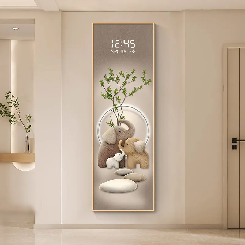 Cream Style Elephant Entrance Led Decorative Painting Home Decoration Living Room Bedroom Corridor Wall Clock Mural Light