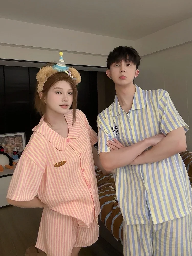 Summer Cartoon Cute Style Striped Short Sleeve Sleepwear Set for Couples Youth Cloud Cotton Home Clothes Male Female Home Suit