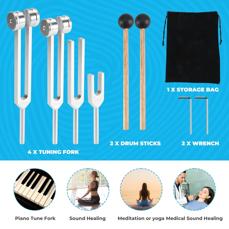 Tuning Fork Set (128Hz, 136.1Hz, 512Hz,4096Hz) of Tuning Forks with Reflex Hammer for Healing Chakra Set Healing Musical-A14I