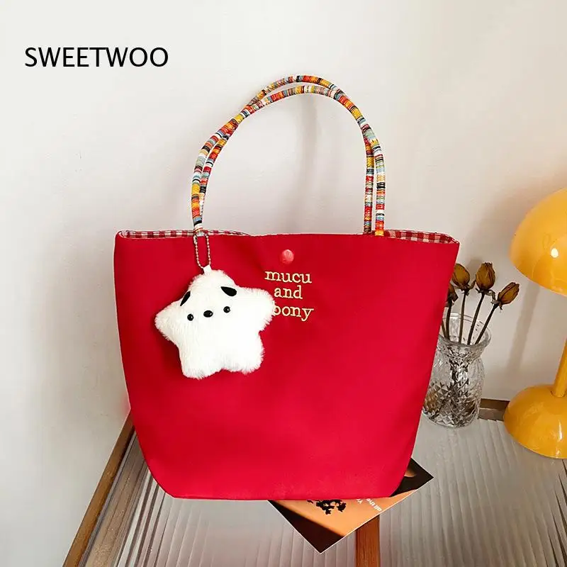 Cute Letter Embroidery Canvas Tote Bag Colorful Woven Handle Fluffy Star Puppy Pendant Large Capacity Daily Shoulder Bag