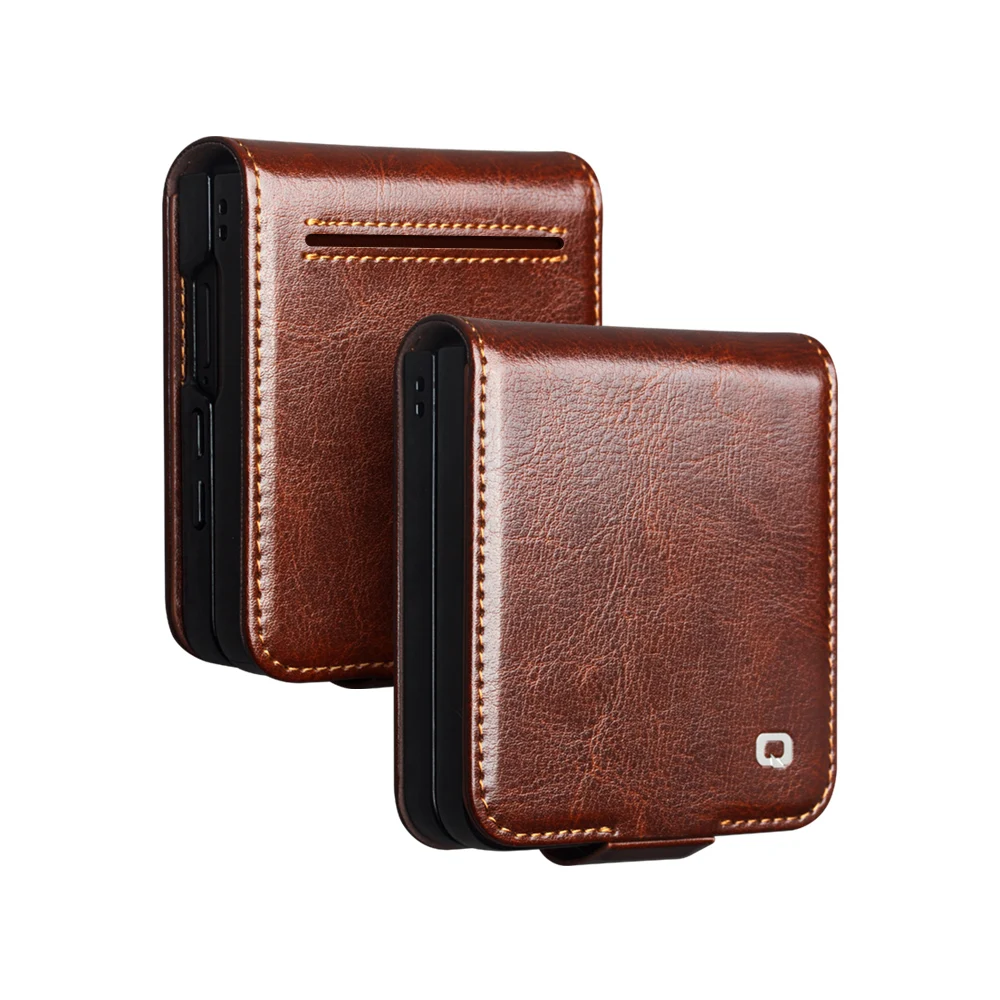 QIALINO Natural Genuine Leather Case for Samsung Galaxy Z Flip 7 5G Premium Cowhide Wallet Cover for Samsung Z Flip 7 Case