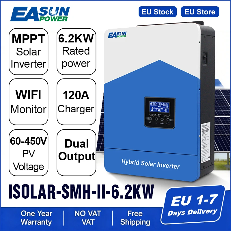 Easun Power 6,2kW 48V Off-Grid Dual-Output Reiner Sinuswellen-MPPT-Hybrid 120A 230V 50/60Hz Solar-Wechselrichter-Ladegerät mit BMS WiFi