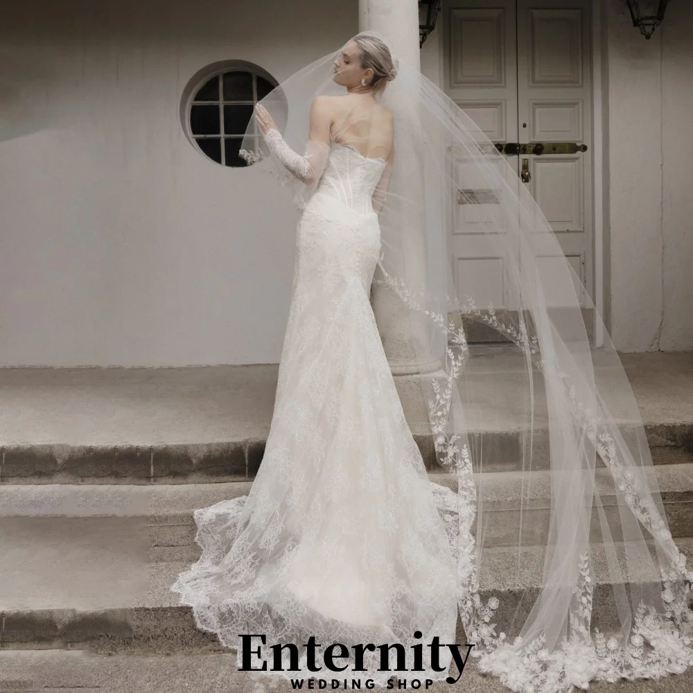 فساتين زفاف مخصصة مزينة بالدانتيل أنيقة برقبة قارب نصف كم للنساء فساتين زفاف ساحرة من التل فيستدوس دي نوفيا #2