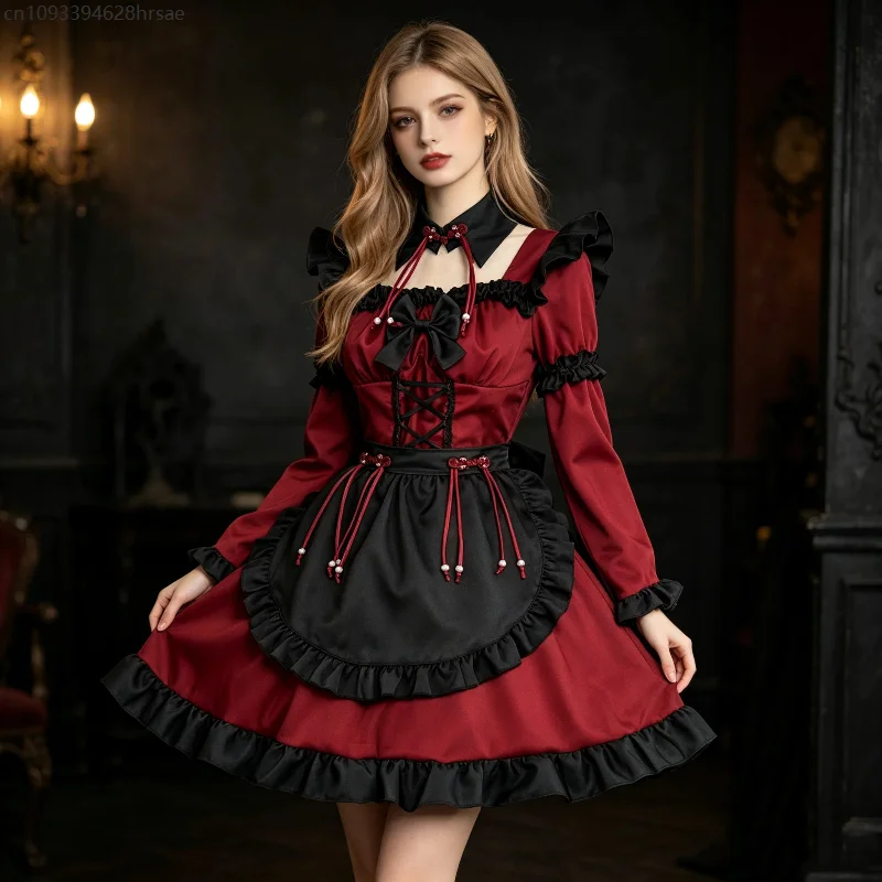 Gothic Women Lolita Dress Red Black Maid Outfit Long Sleeve Ruffle Apron Dress Halloween Carnival Party Stage Cosplay Costume
