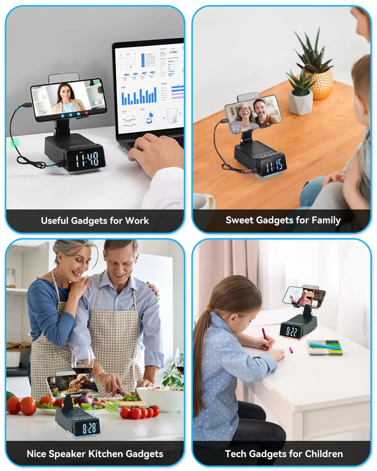 7-in-1 携帯電話スタンド ワイヤレススピーカー＆目覚まし時計付き |   卓上、USB Type-C充電、非、ステレオオーディオ出力、