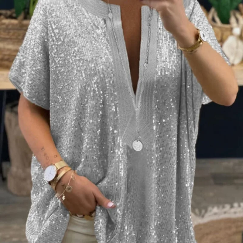 2024 New Loose Women Casual Gold Silver Shinny Top Blouses Elegant Patchwork Sexy Ladies Sequins V-neck Short Sleeve Shirts