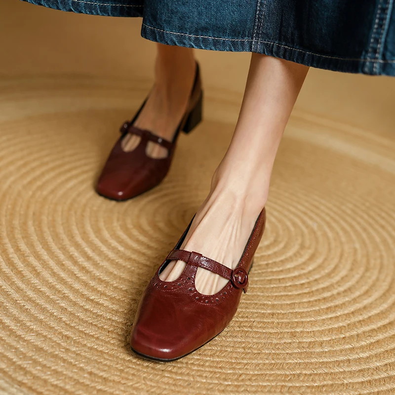Womens Pumps Sheepskin Retro Mary Jane French Style T- Strap Ladies Shoes Spring Atumn Dress Red Pumps Simple Shoes Block Heel