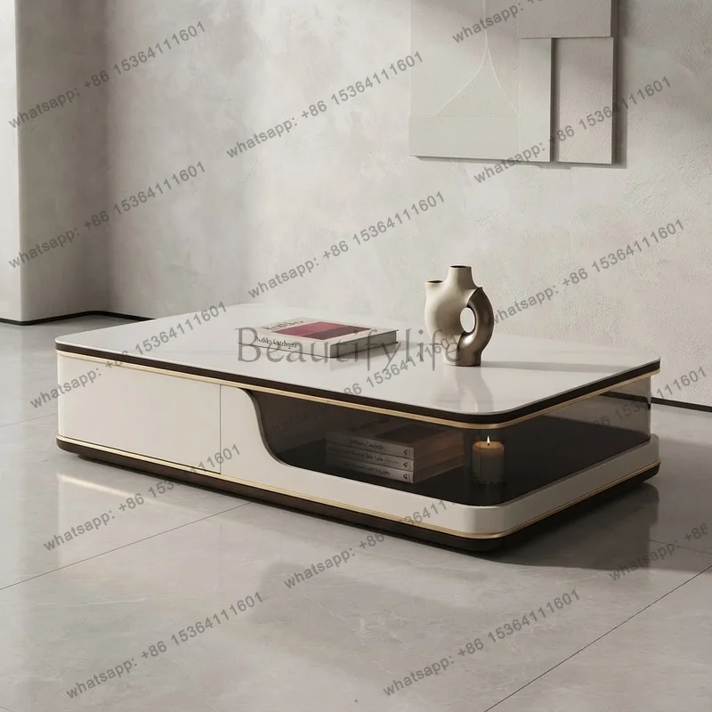 LSTempered Glass Coffee Table Italian Design Solid Wood Sintered Stone Top Contemporary Living Room High end Tea Table Minimalis