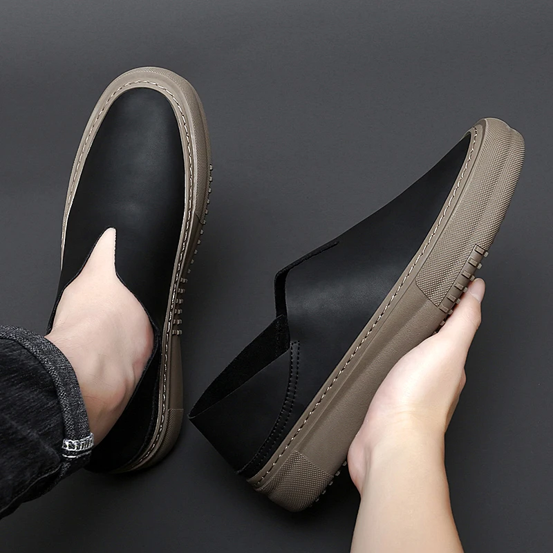 Summer New Punching Casual Shoes Breathable Men's Leather Shoes Fashion Handmade Shallow Mouth Loafers Outdoor Walking Mocassins