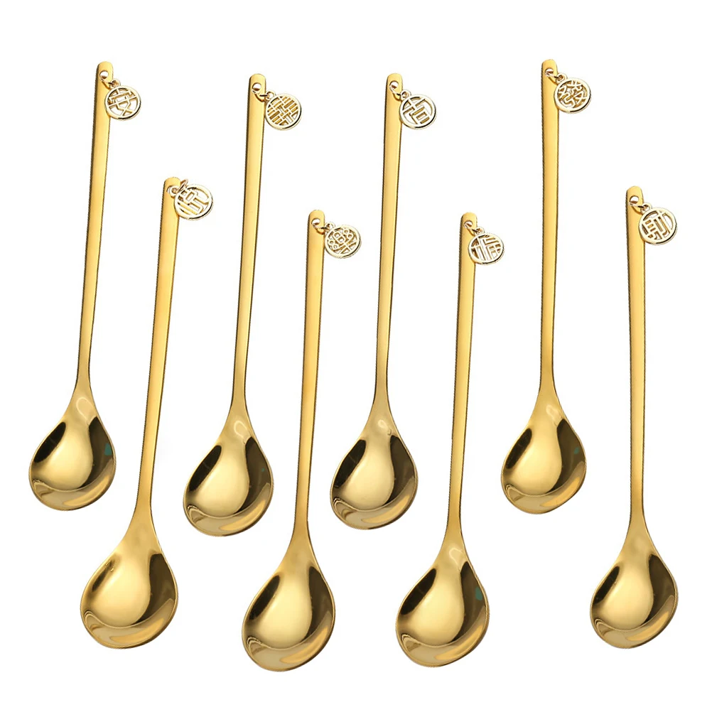 

8Pcs Chinese Style Stainless Steel Spoon Set Coffee Dessert Ice Cream Elegant Practical Gift Use Dessert Spoons