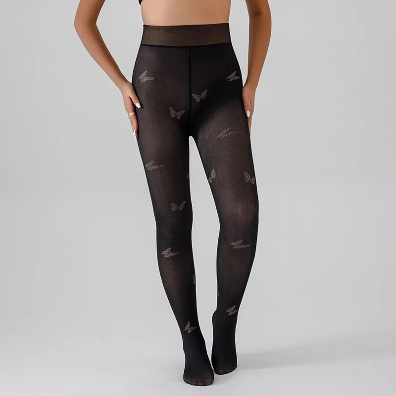 

Черные женские утягивающие леггинсы с вышивкой бабочкой на флисовой подкладке и толстыми стенками, бесшовные спереди и сзади, осень