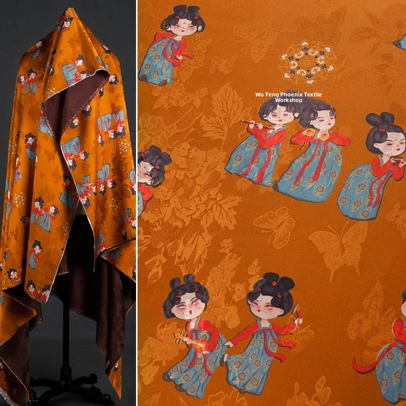 

Soft Silky Chinese Style Small Tang People Flower Luo Fabric Orange Yellow Women's Qipao Coat Material Home Sponge Pad