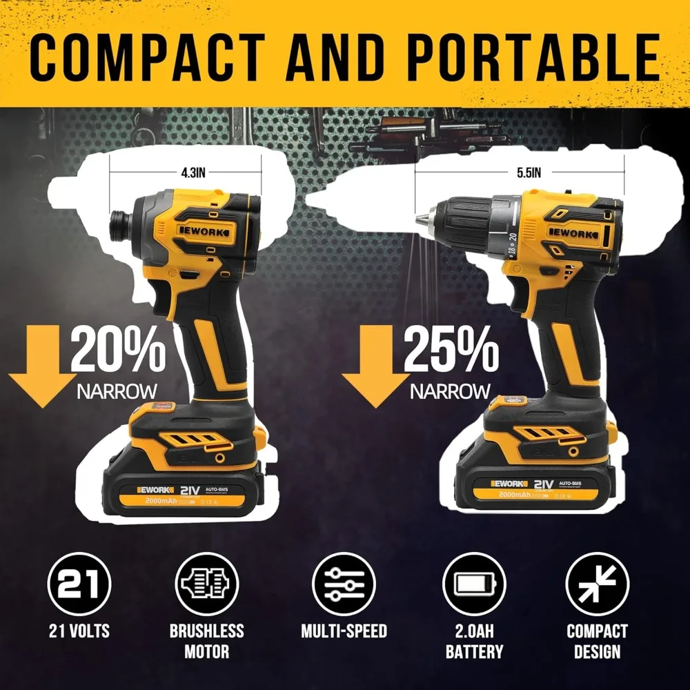 Compact Cordless Drill and Impact Driver Combo Kit 21V Brushless Power Tool Set with (2) 2.0Ah Batteries and Fast Charger