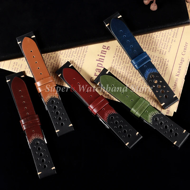 Новый дышащий кожаный ремешок для часов 20 мм, винтажный браслет из масляного воска для Seiko, ремешки для часов из воловьей кожи, аксессуары для браслетов