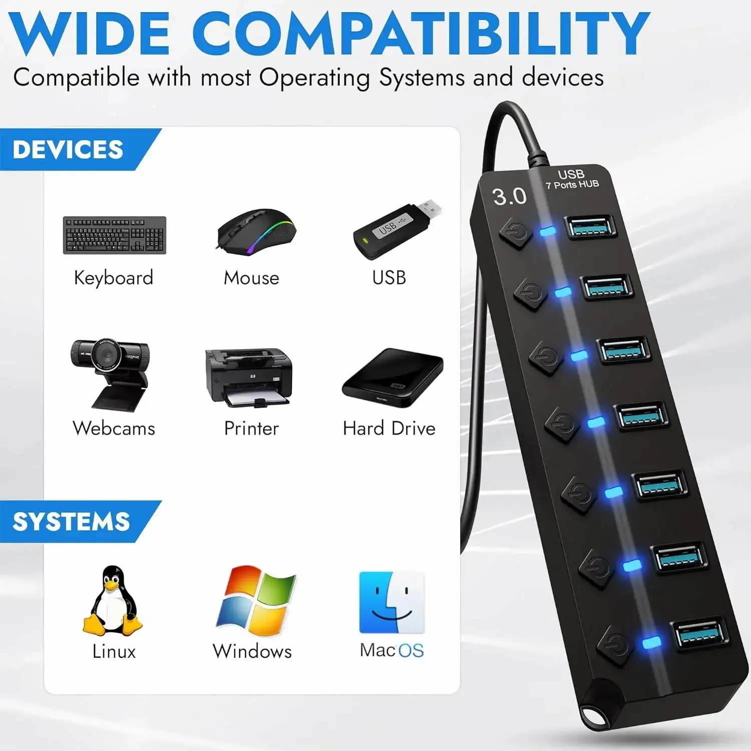7 منافذ USB Hub Splitter 1 USB 3.0 و6 USB 2.0 مع مفاتيح تشغيل/إيقاف فردية وأضواء كابل طويل 1.2 متر لأجهزة MacBook والكمبيوتر المحمول #3