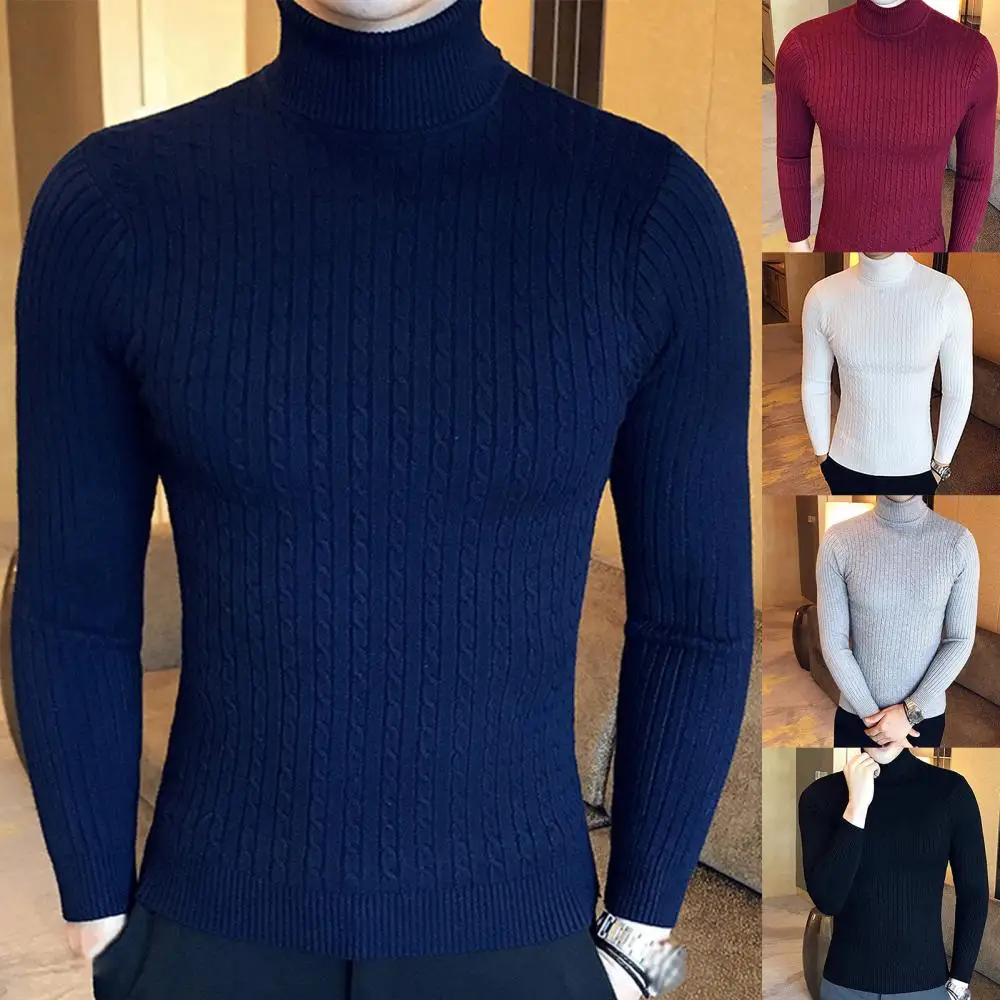 

Men Winter Turtle Neck Long Sleeve Warm Sweater Slim Pullover Twist Knitwear High Neck Thick Warm Sweater Slim Fit Double Collar