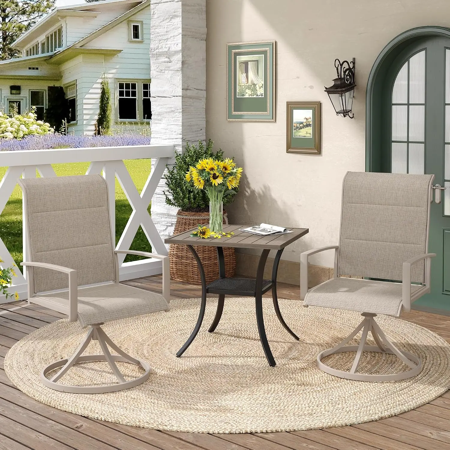 Outdoor Dining Set 3pc Square Table & Swivel Chairs Metal Wood-Like Padded Textilene All-Weather Patio Garden, Customized